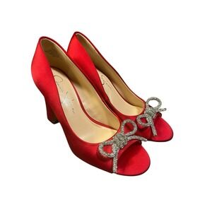Jessica Simpson Sexy Red Satin Block Peep Toe Heels with Rhinestone Bows 3" 7.5